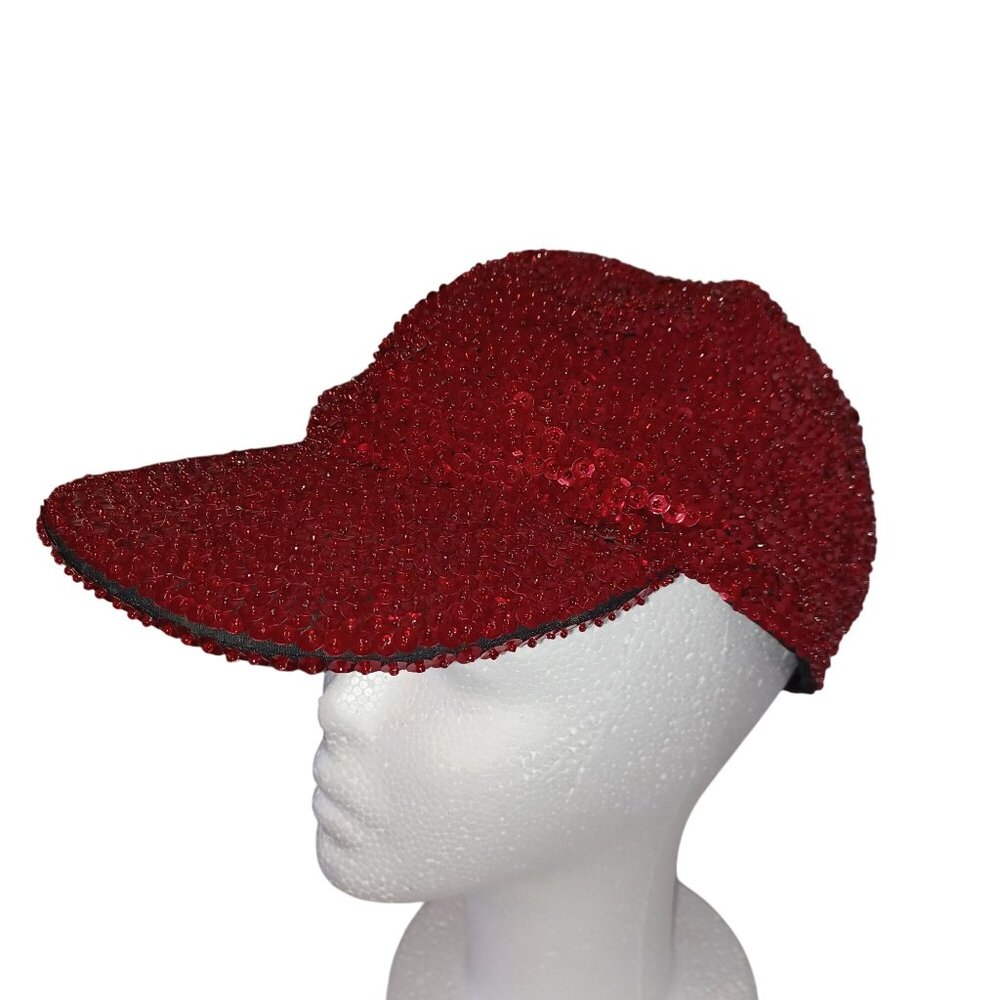 Red Vintage Sassy Sequined & Beaded Glam Newsboy Cabbie Cap Adjustable Casual